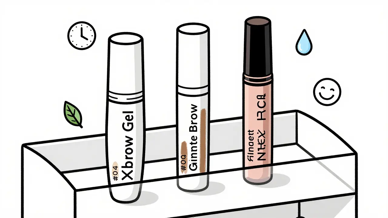 Три бренда гелей для бровей на полке с символами: время, уход, безопасность — без текста.
