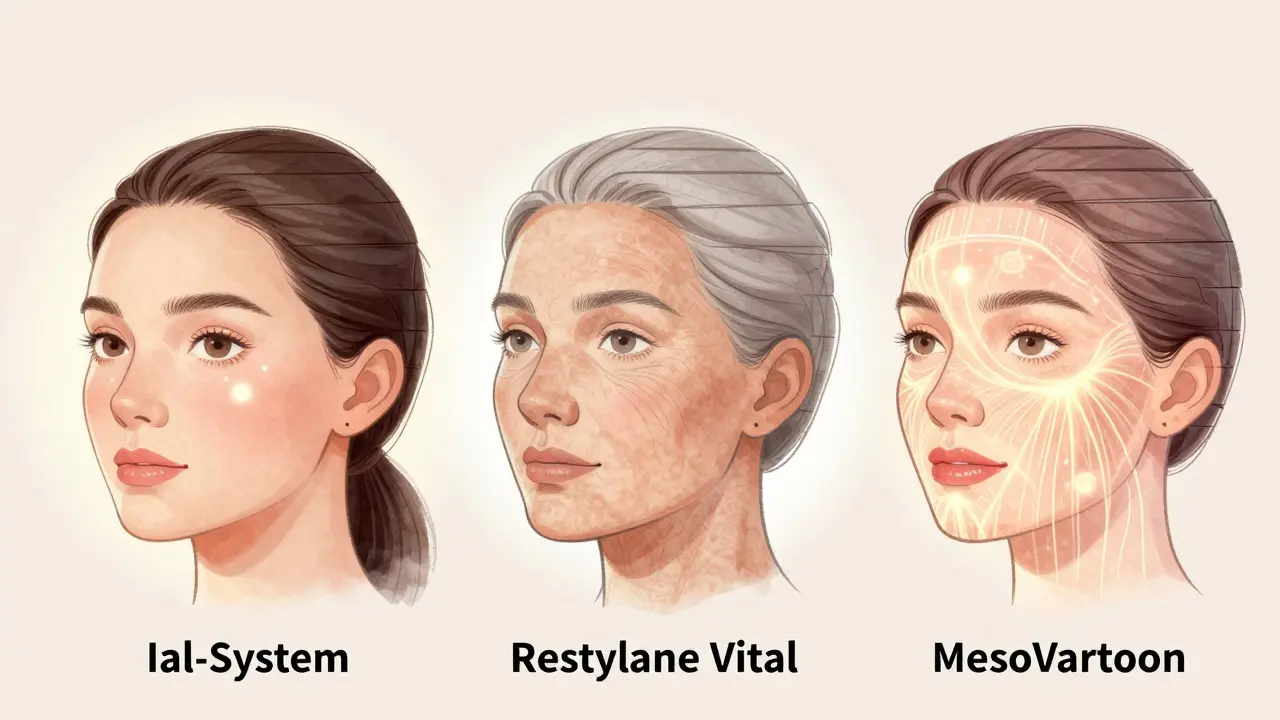 Три типа кожи: молодая, зрелая и омоложённая, показаны как прозрачные слои с разными эффектами увлажнения.