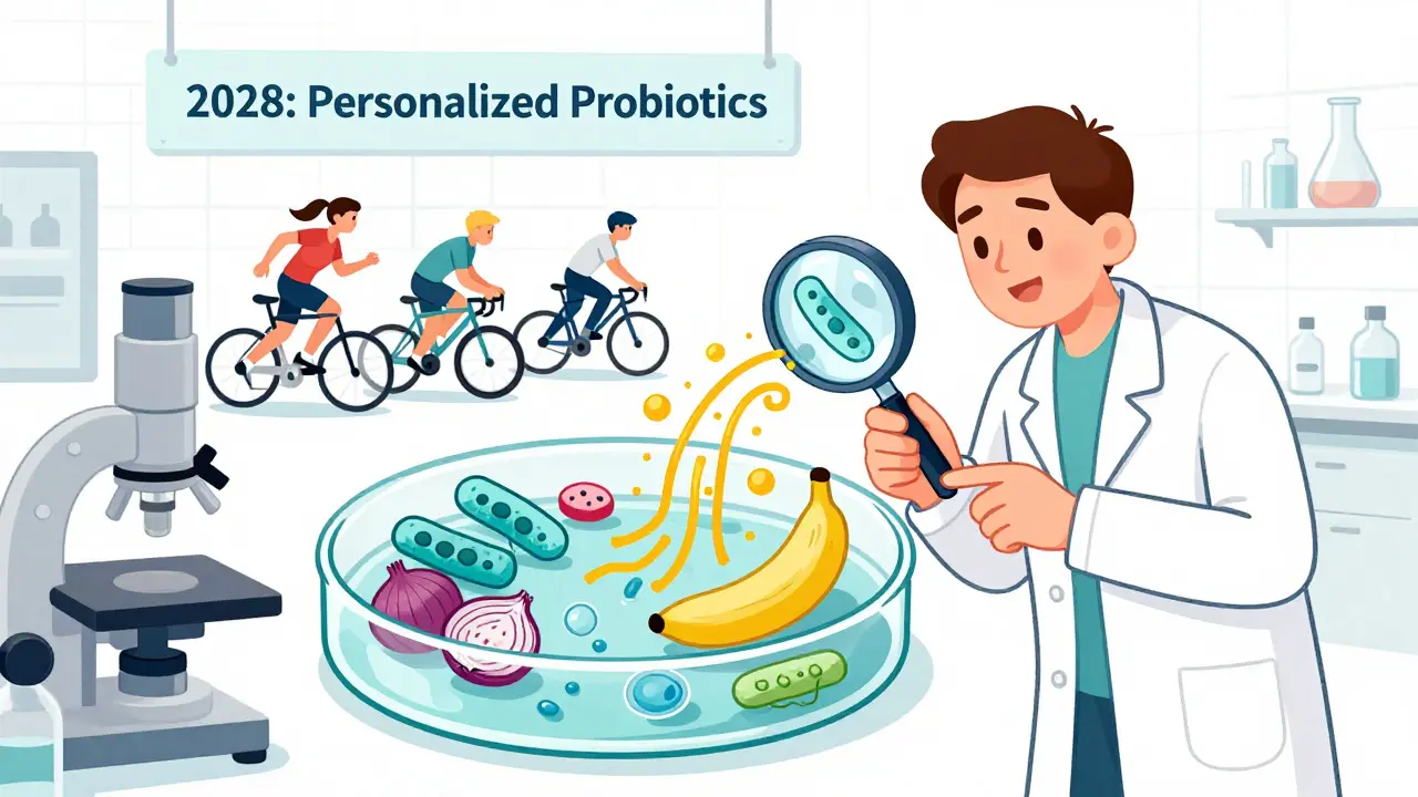 Ученый рассматривает пробиотики и пребиотики под лупой, спортсмены в фоне.