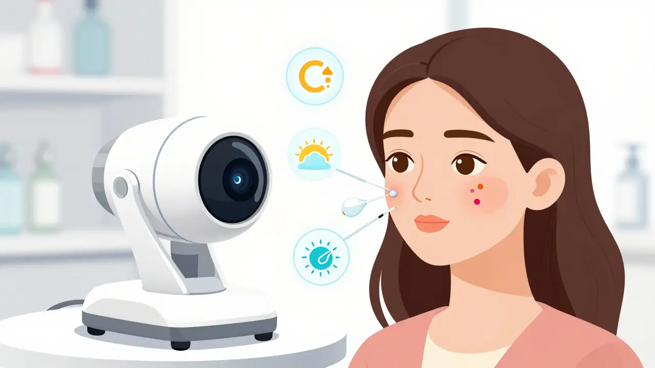 Устройство SmartPeel с ИИ-камерой, точно наносящее кислоту только на пигментированные участки лица.