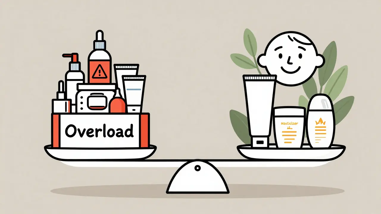 Весы с перегруженными средствами против трех простых шагов ухода за кожей.