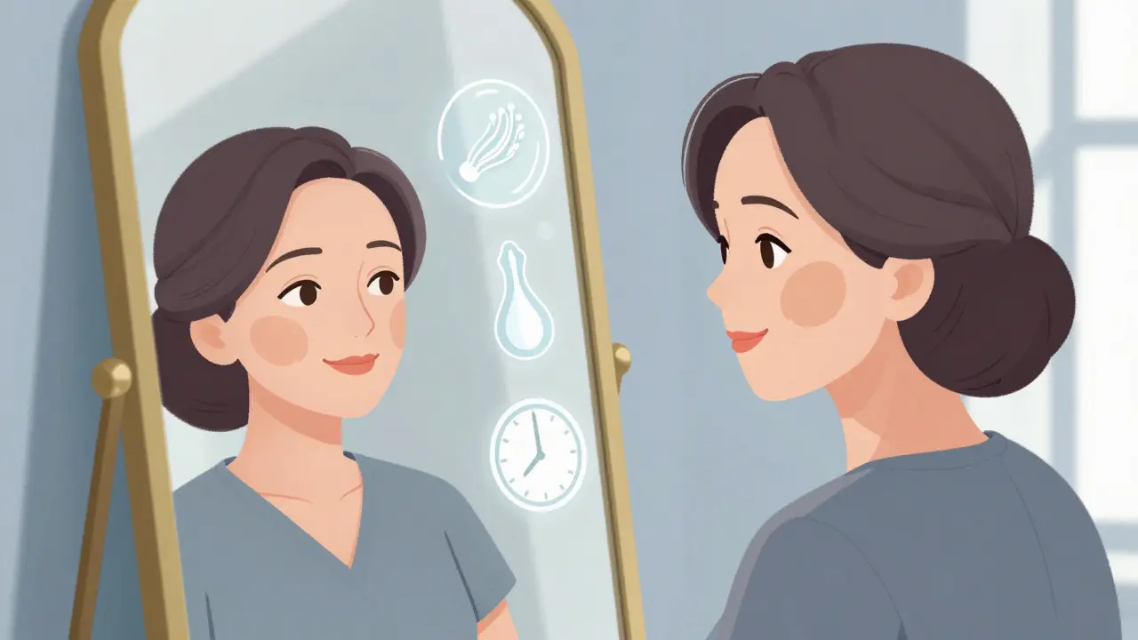 Женщина 50 лет с естественно подтянутым лицом и символами долговечного эффекта в зеркале.