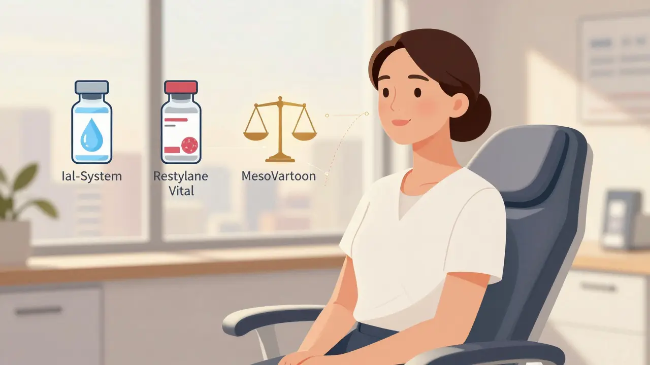 Женщина 50+ с омоложённой кожей, вокруг неё плавают символы трёх препаратов биоревитализации.