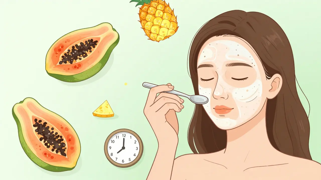 Женщина наносит ферментный пилинг, вокруг папайя и ананас, символизирующие мягкое отшелушивание.