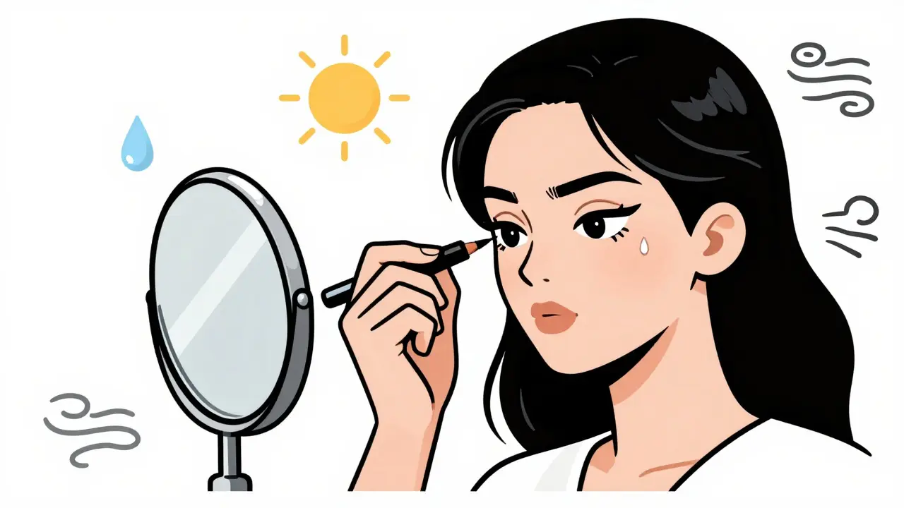 Женщина рисует чёткую стрелку жидким лайнером в зеркале.