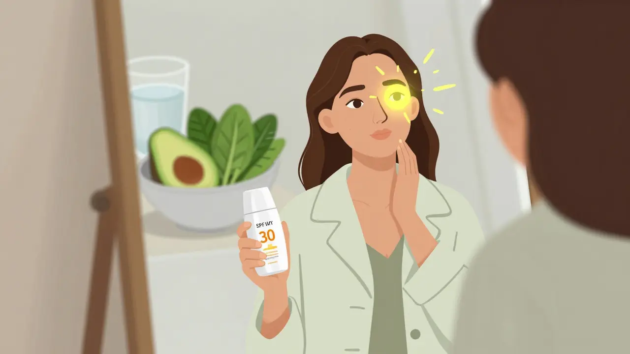 Женщина с сияющей кожей, рядом SPF и полезные продукты, утренний свет мягко освещает сцену.