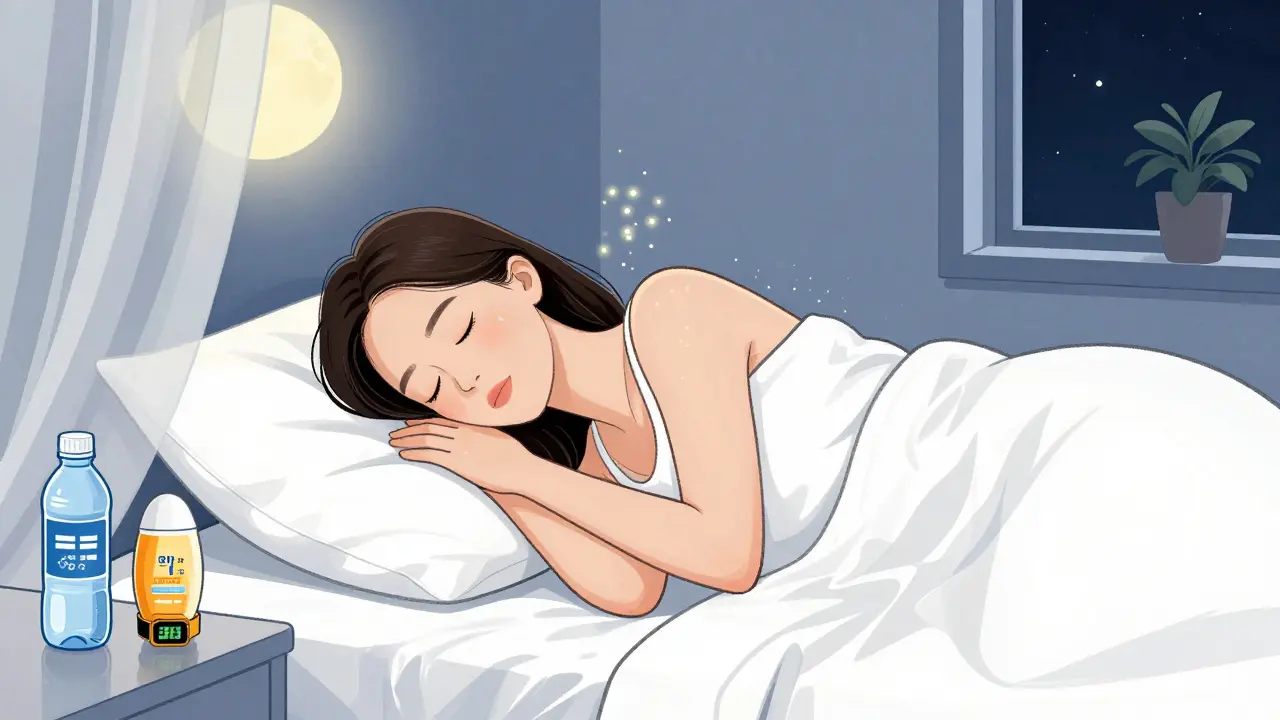 Женщина спит на спине на шелковой подушке, вокруг неё светятся частицы гидратации и коллагена.