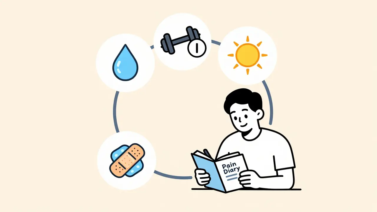 Атлет ведёт дневник боли с символами восстановления: вода, отдых, сон и лёд.