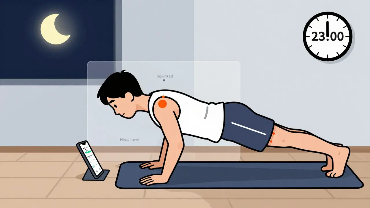 Человек дома использует приложение для анализа техники отжимания, над головой — луна и часы, показывающие время сна.