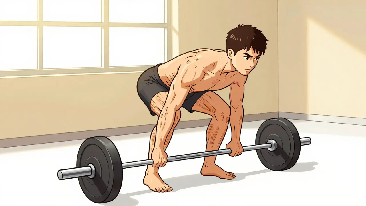 Человек выполняет румынскую тягу с прямой спиной и растяжением задней поверхности бедра в идеальной технике.