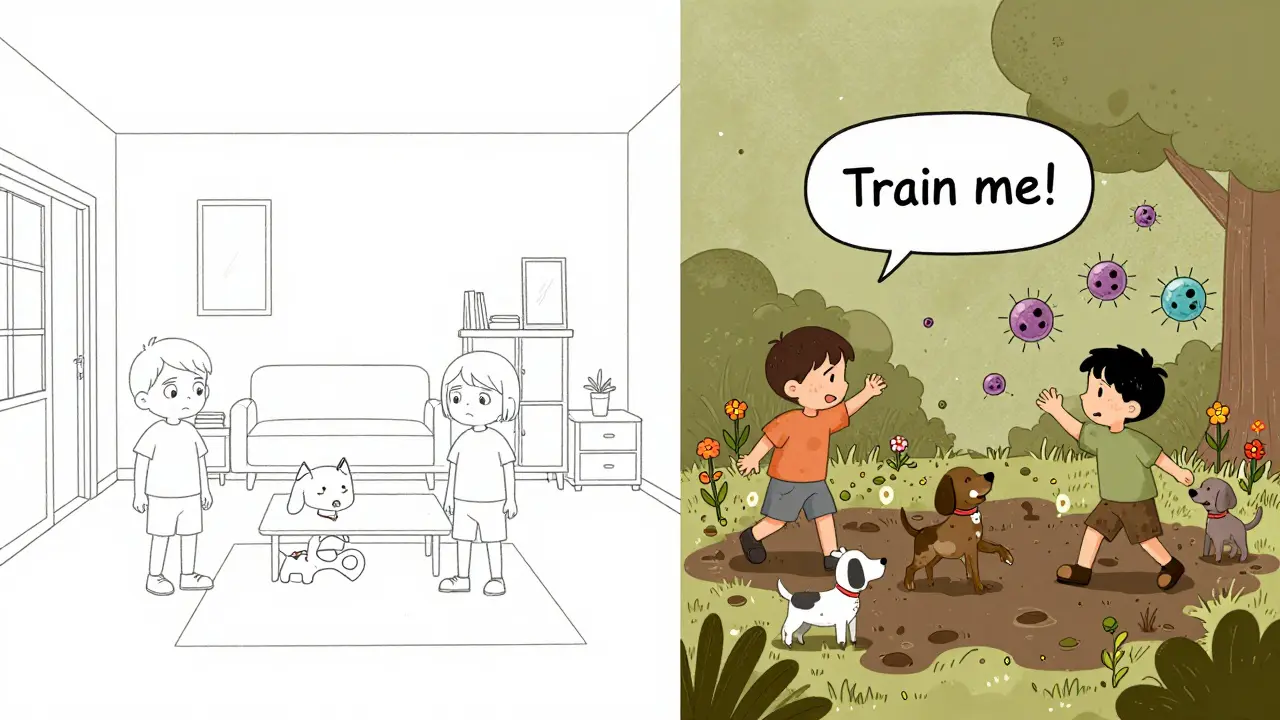 Дети в стерильной комнате слева и в саду справа — контраст между чистотой и природой.