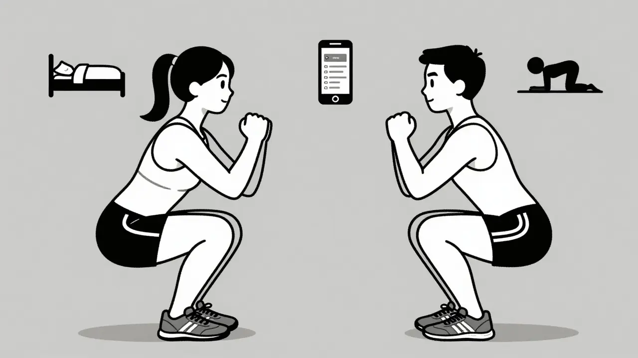 Два человека делают приседания: один с неправильной техникой и обувью, другой — с идеальной формой и подходящей обувью.