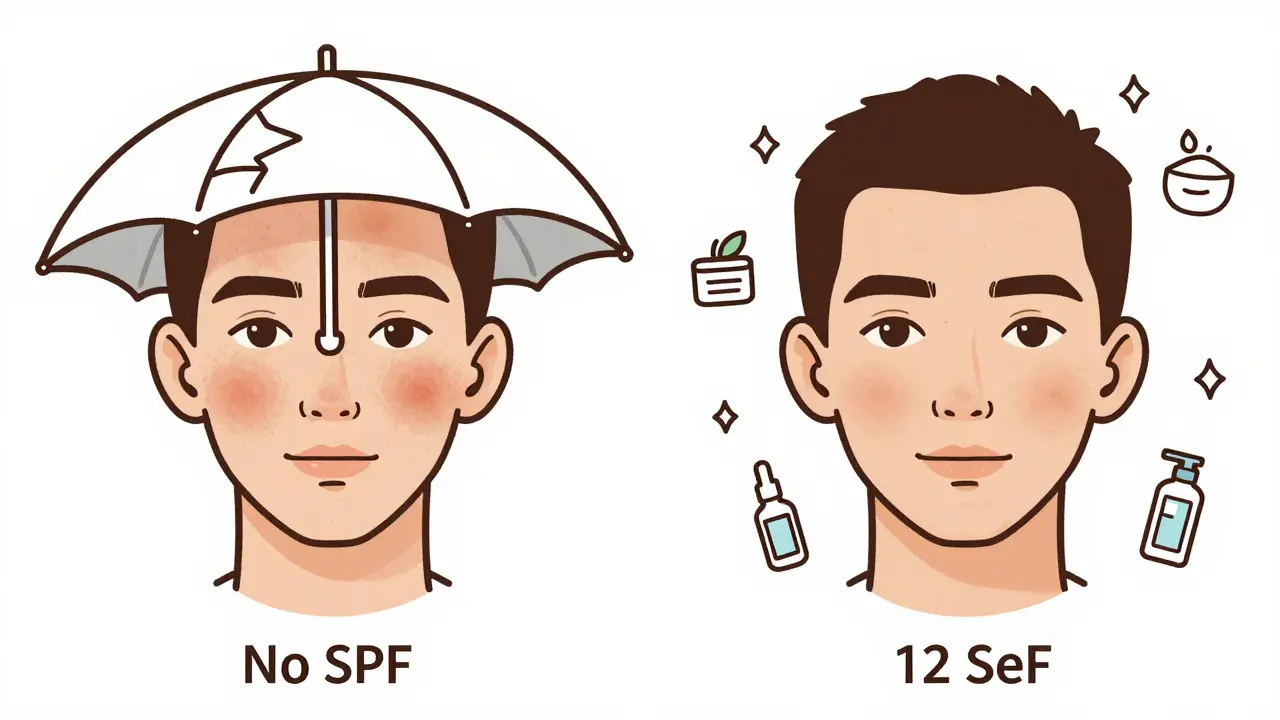 Два лица: слева — с пятнами без SPF, справа — с улучшенной кожей после 12 недель ухода.