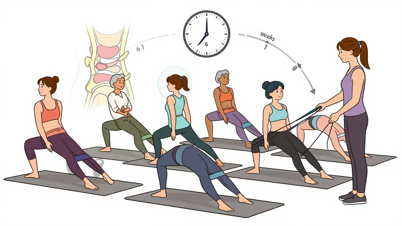 Инструктор ведет группу на пилатесе, один участник с предупреждением, на фоне схема позвоночника.