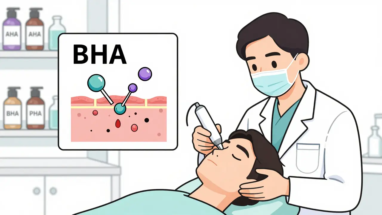 Косметолог использует ультразвуковое устройство, а кислоты растворяют забитые поры