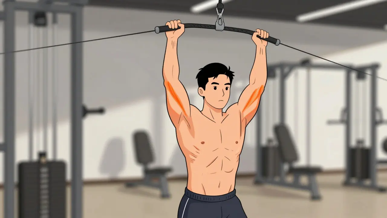 Мужчина выполняет разгибание рук с тросом над головой с правильной техникой.