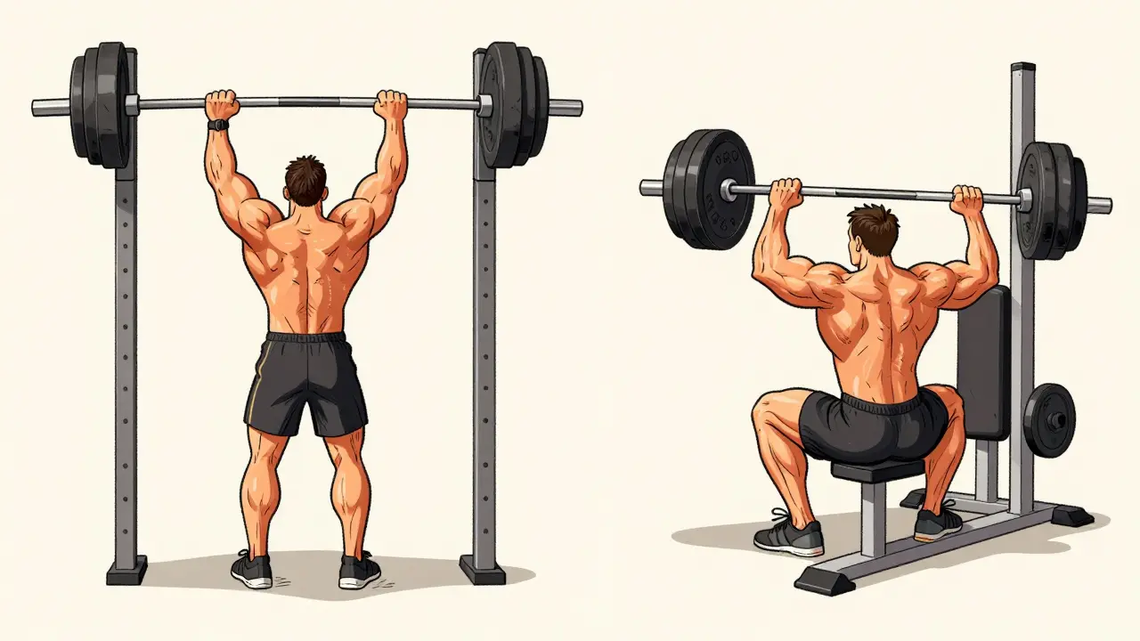 Разделенная сцена: мужчина делает подтягивания и становую тягу слева, приседания и жим ногами справа.