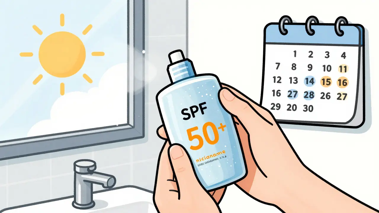 Рука наносит сыворотку с ниацинамидом под солнцезащитным кремом с оксидом цинка, солнце за окном.