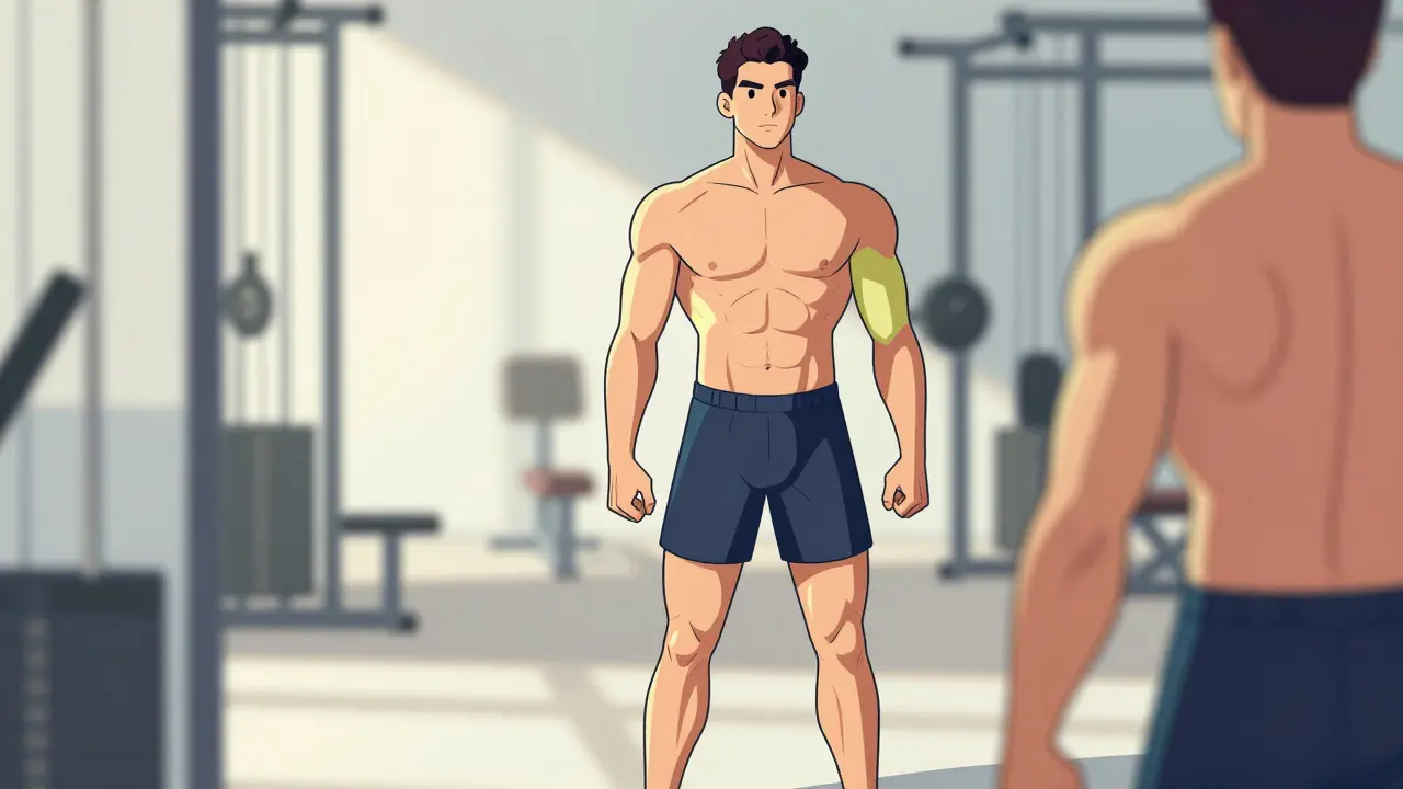 Силуэт мужчины с выделенными цветом мышечными группами: грудь, спина, ноги, плечи, руки, стоит перед зеркалом.