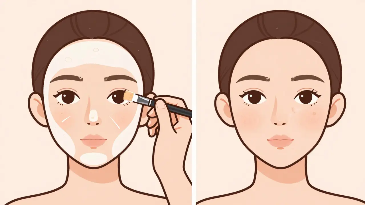 Сравнение до и после нанесения праймера только на Т-зону лица в минималистичном стиле.