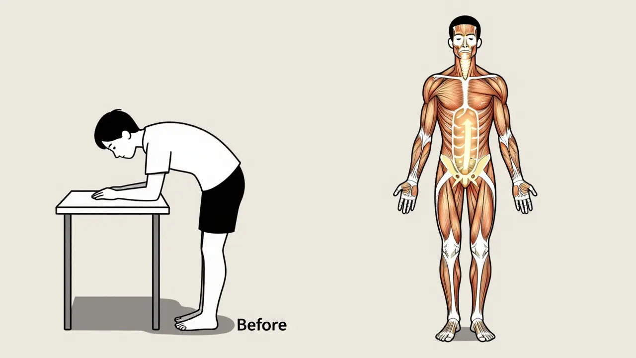 Сравнение: до и после пилатеса — искаженная осанка против активированных мышц кора.