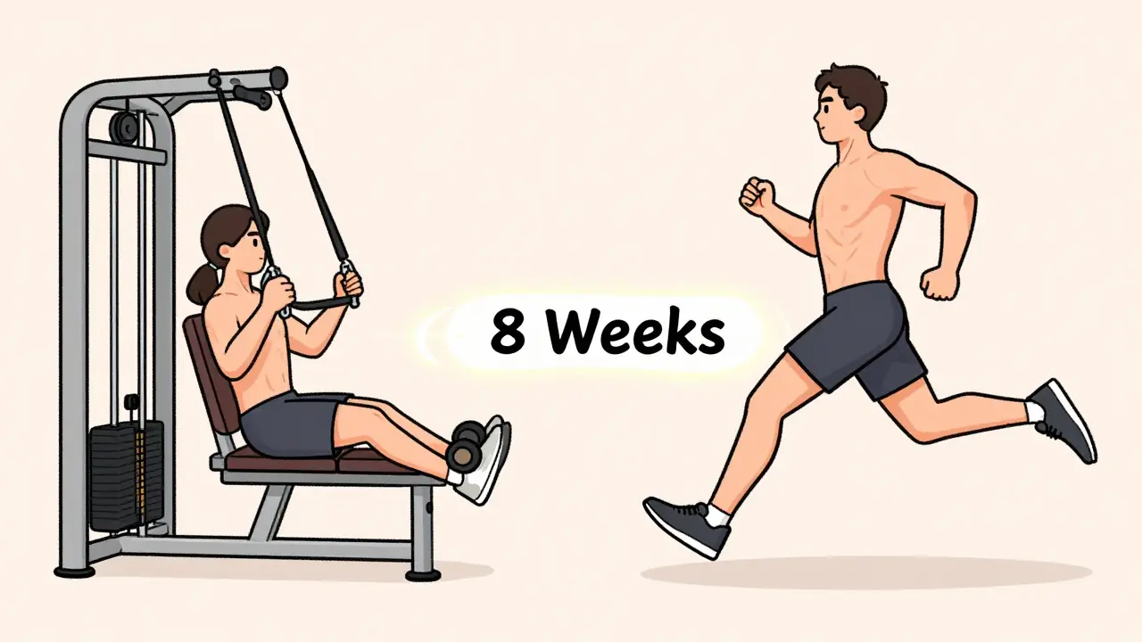 Сравнение двух фаз: сгибание ног в тренажере и мощный бег, показывающее прогресс через 8 недель тренировок.