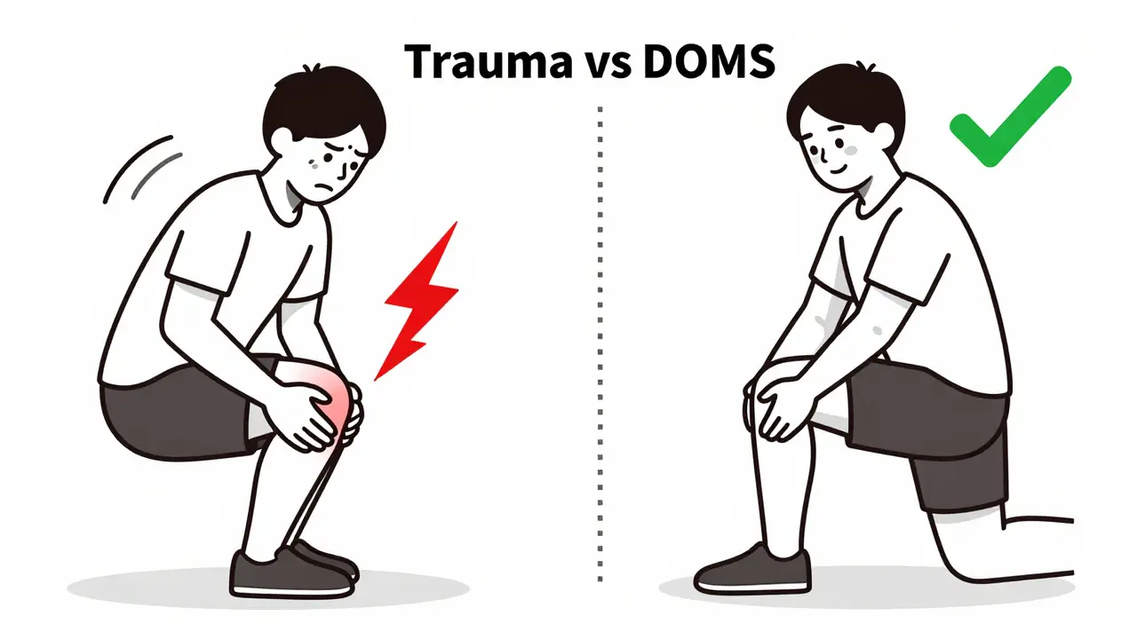Сравнение острой боли в колене при травме и отсутствия боли при правильном восстановлении.