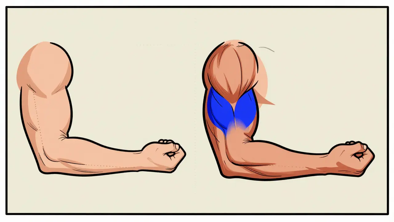 Сравнение плоской и объемной руки с акцентом на развитие длинной головки трицепса.