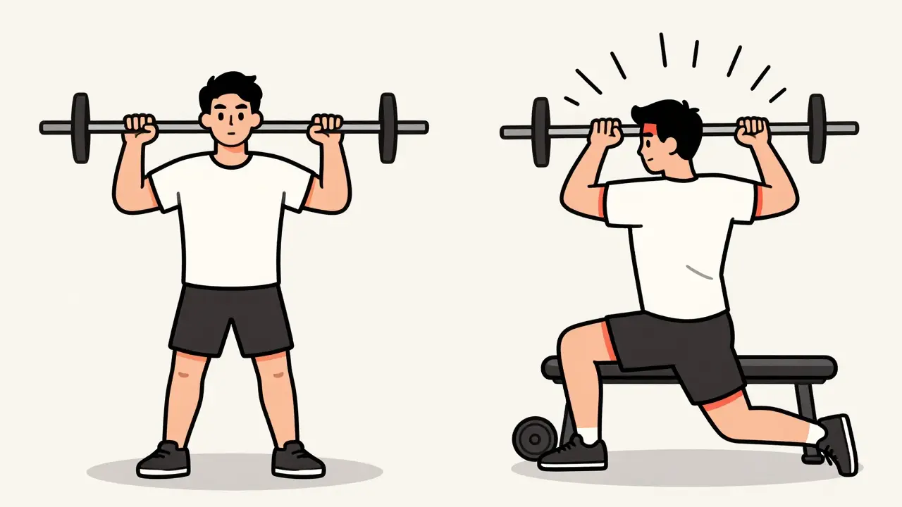 Сравнение правильной и неправильной техники французского жима: стабильные локти против разведенных и неправильной траектории.