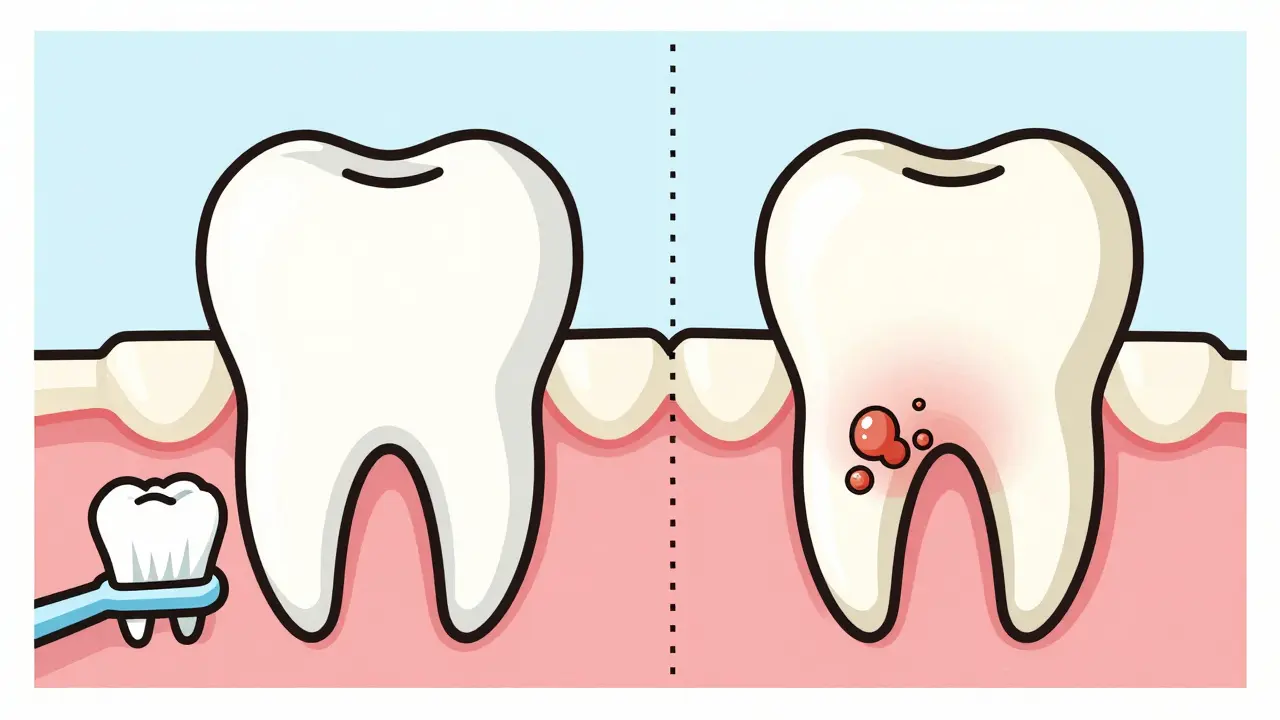 Сравнение здорового и импактированного зуба мудрости с признаками воспаления.