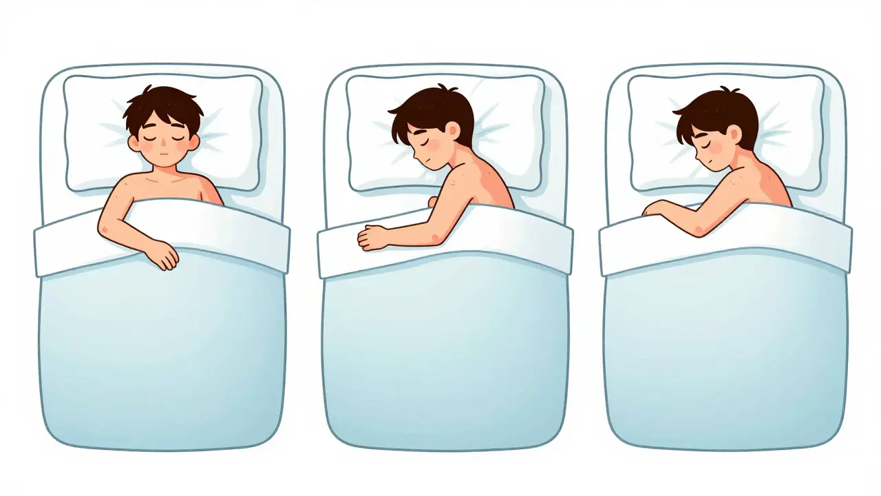 Три позы сна с подушками разной высоты, подчеркивающими правильное выравнивание шеи.