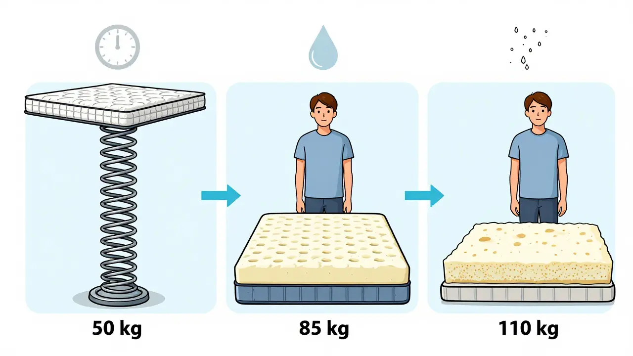 Три типа матрасов под людьми разного веса, показывающие уровень поддержки.