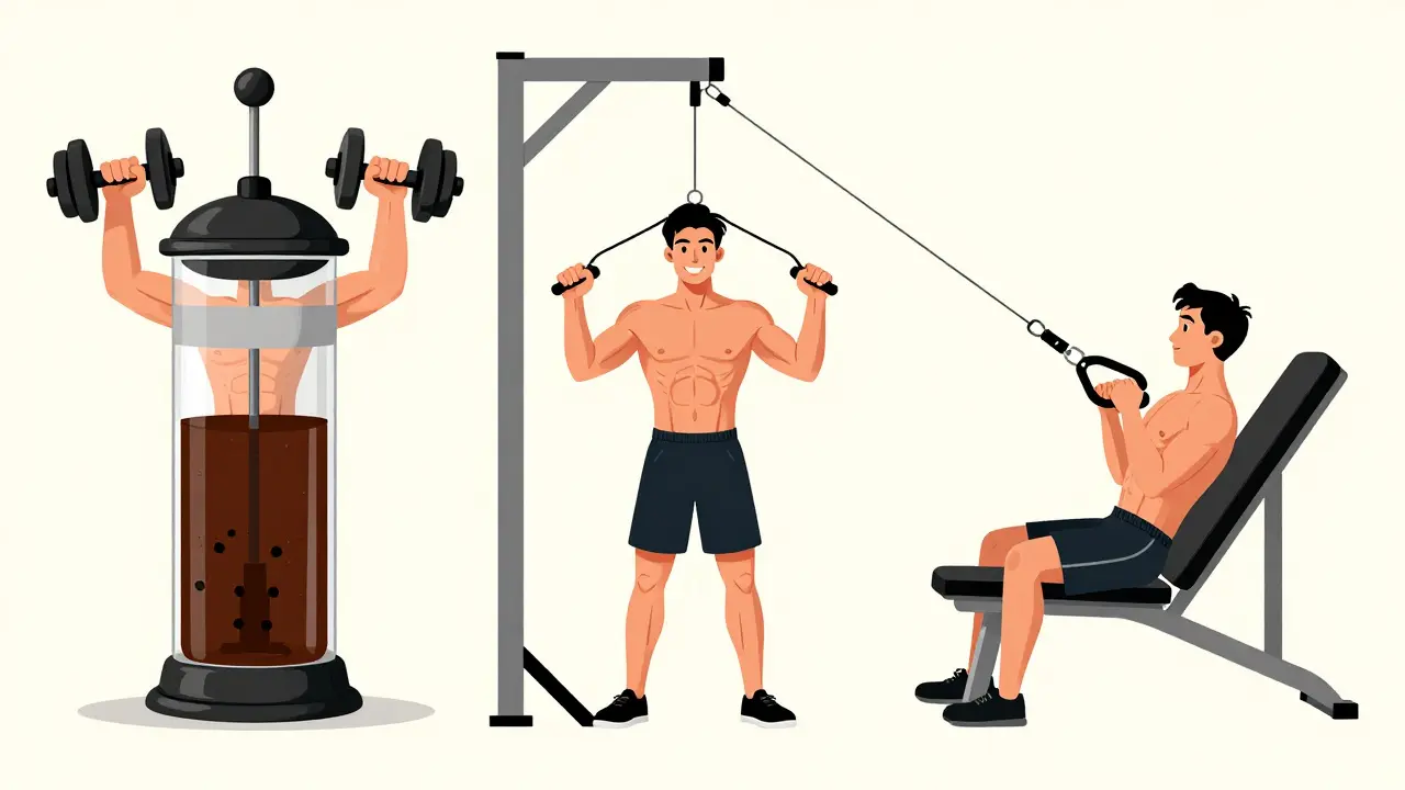 Три варианта французского жима: с гантелей, на блоке и на наклонной скамье, изображены в стиле линейной иллюстрации.