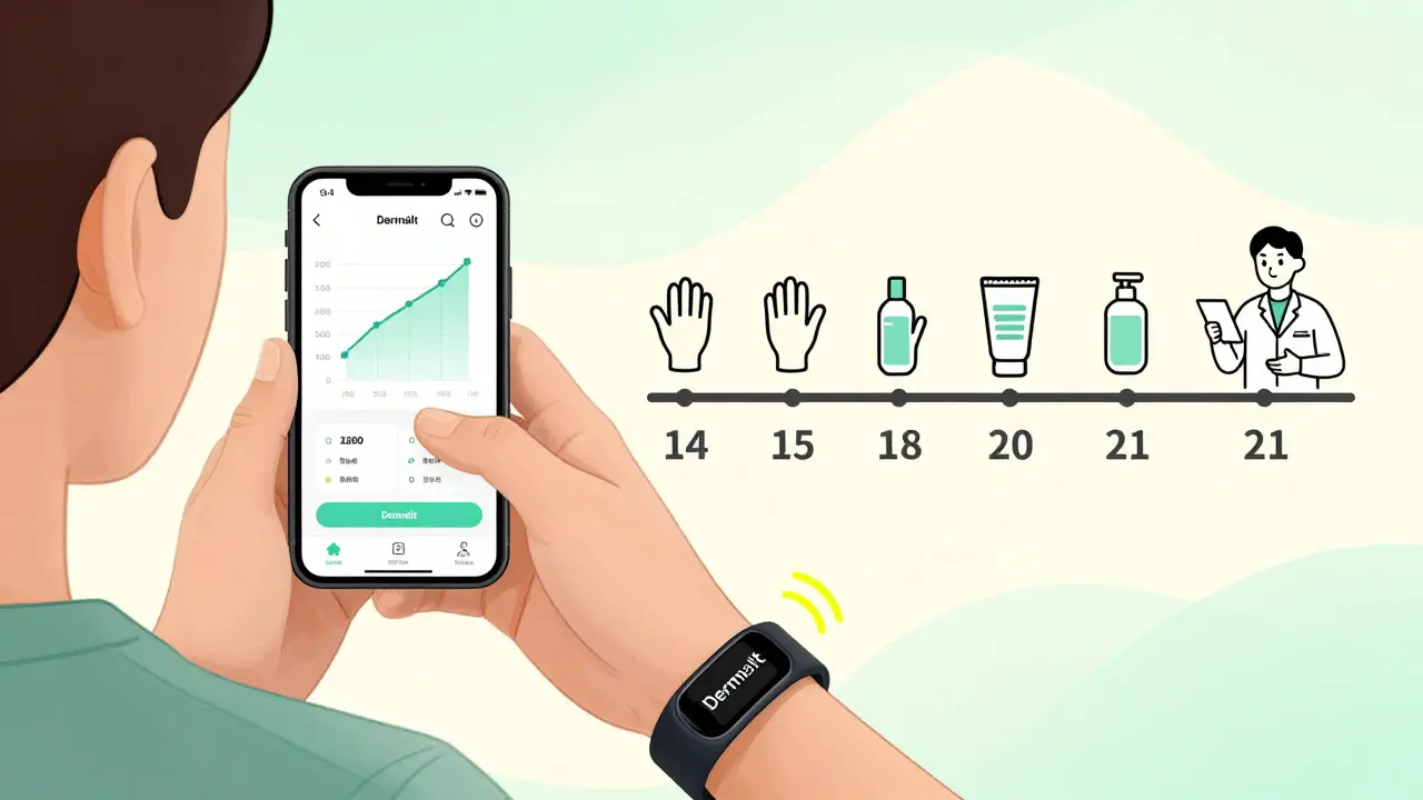 Человек с умным браслетом смотрит в экран телефона, где показан прогресс лечения акне.