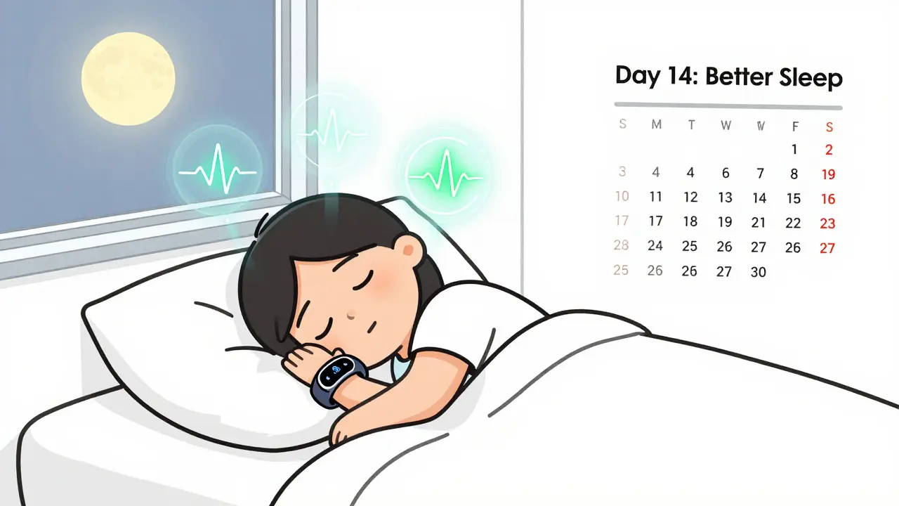 Человек спит, на теле смарт-кольцо, над ним светятся данные о пульсе и фазах сна под лунным светом.