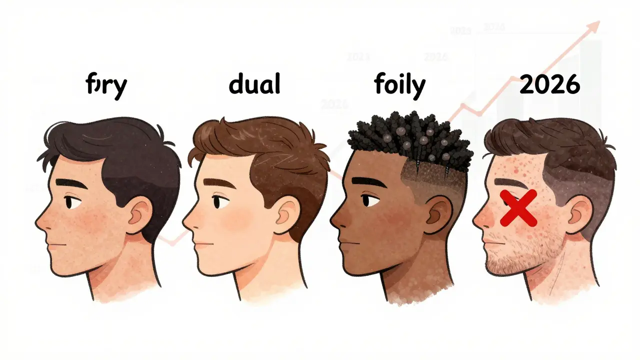 Четыре типа кожи с подходящими щетками и запретом при акне, стилизовано в линиях.