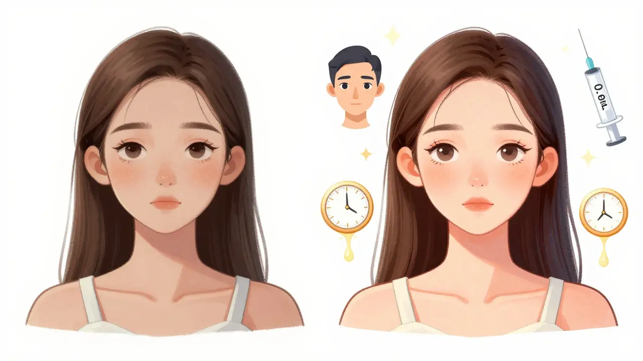 До и после: женщина с восстановленной естественной формой лица, рядом — символы правильной коррекции.