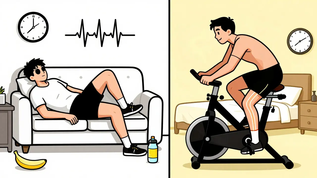 Два атлета после тренировки ног: один усталый в темной комнате, другой активно восстанавливается на велотренажере с едой и водой.
