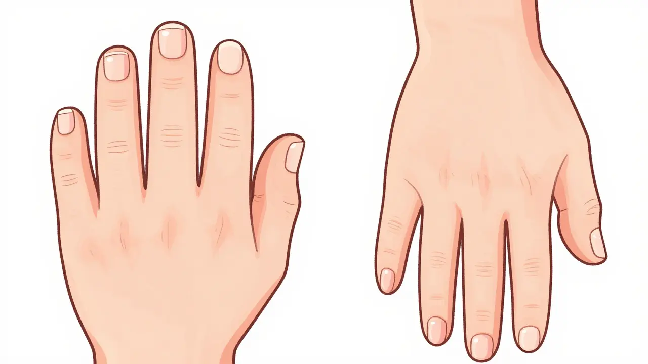 Две руки: одна с квадратными, другая с овальными ногтями — показано визуальное удлинение пальцев.