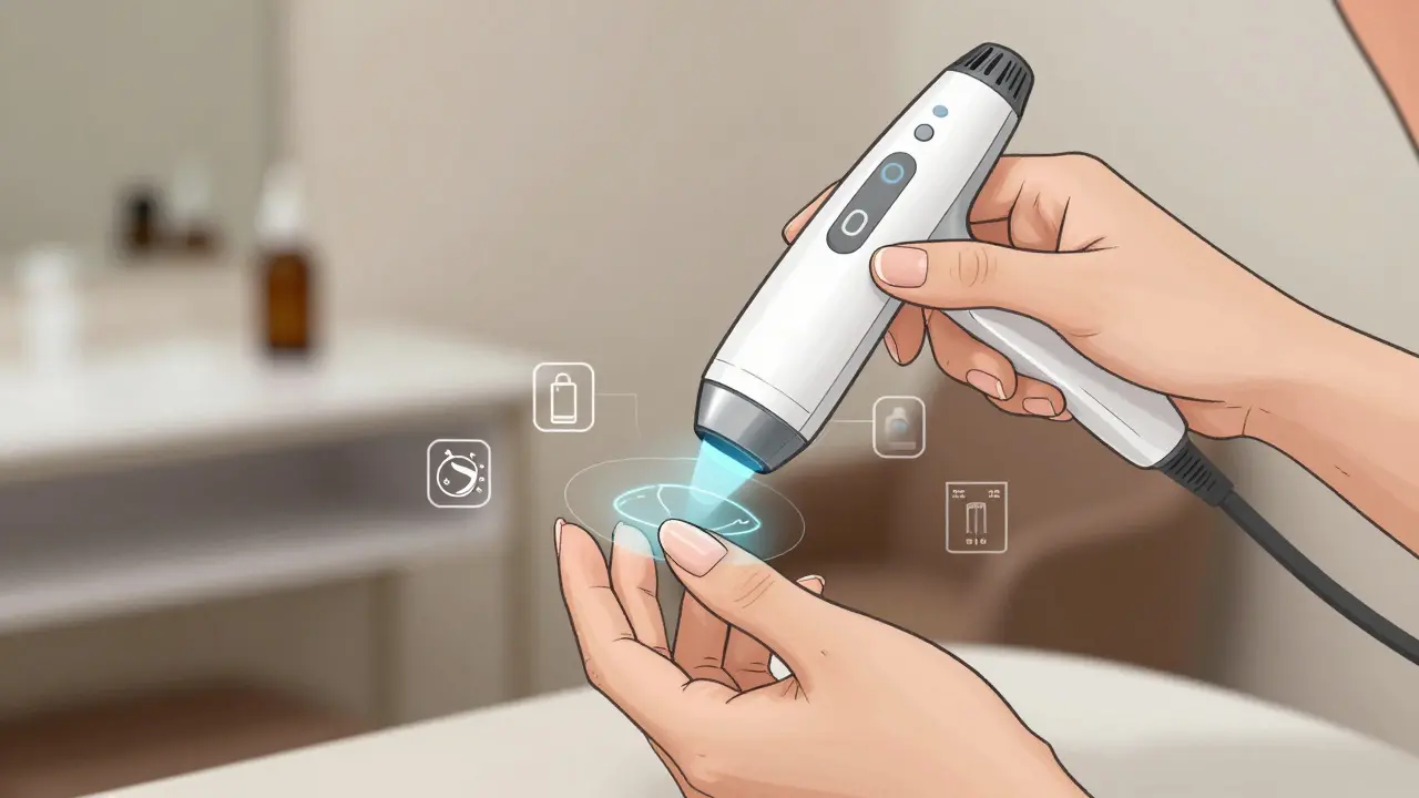 Футуристический сканер проецирует идеальную форму ногтя на руку, вокруг — значки ухода и стилей.