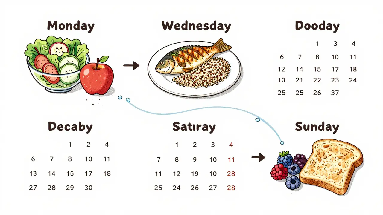 Календарь недели с иконками сбалансированных приёмов пищи и каплями воды, обозначающими гидратацию.