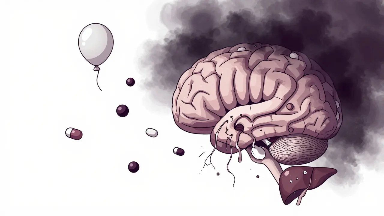 Мозг с уменьшающимся серым веществом и разрушающимися нейронами под воздействием алкоголя, в стиле линейной иллюстрации.