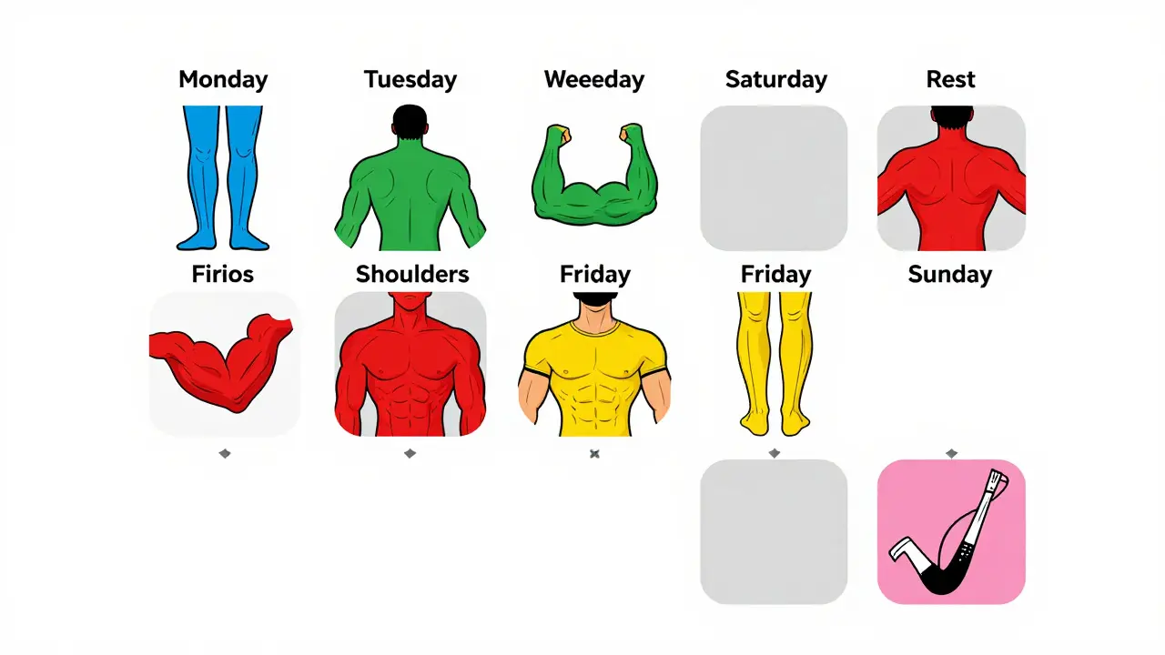 Недельный график тренировок с цветными значками мышц и днями отдыха, оформленный как круговая схема без текста.