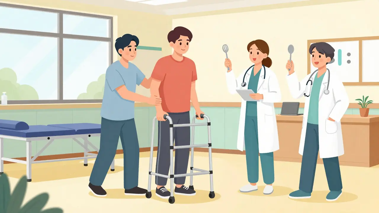 Пациент в реабилитационном центре учится ходить с опорой под наблюдением команды специалистов.