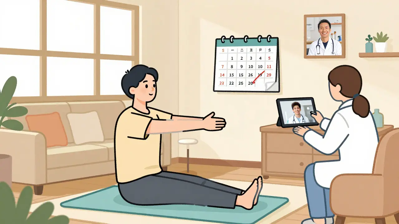 Пациент выполняет упражнения дома, а терапевт консультирует через видеозвонок.
