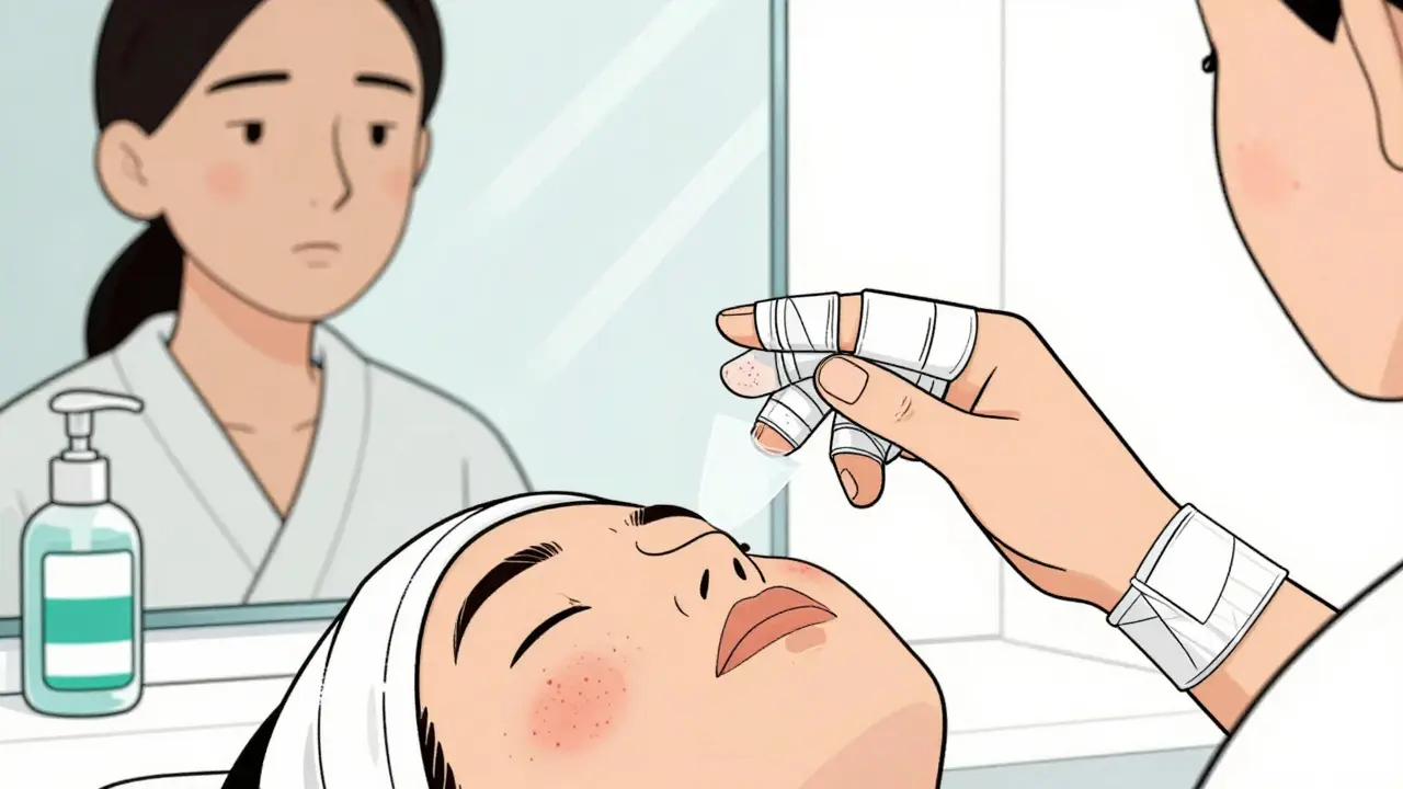 Пальцы в пластырях над акне, на фоне средств по уходу и дезинфицирующей салфеткой.