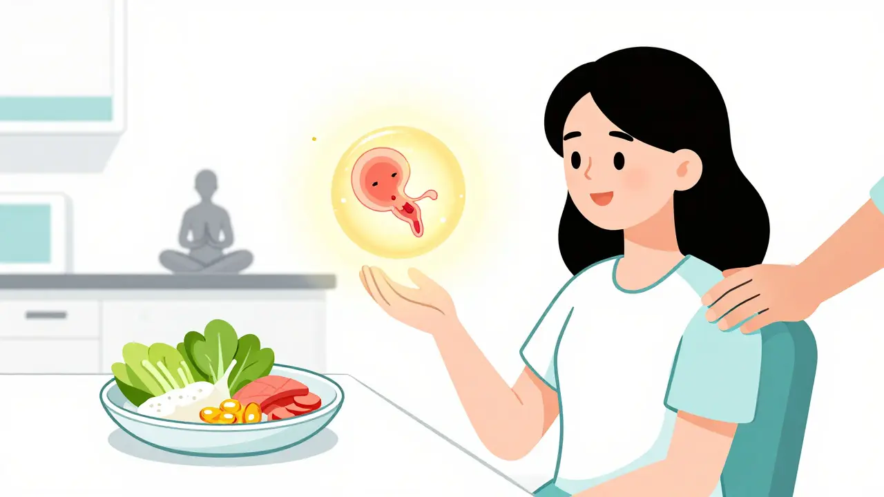 Перенос эмбриона с символами здорового образа жизни и поддержки.