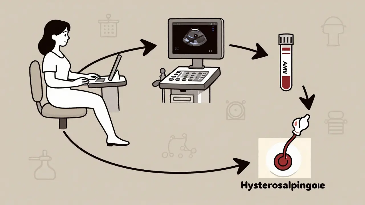 Пошаговая иллюстрация диагностики бесплодия: УЗИ, анализ крови и ГСГ.