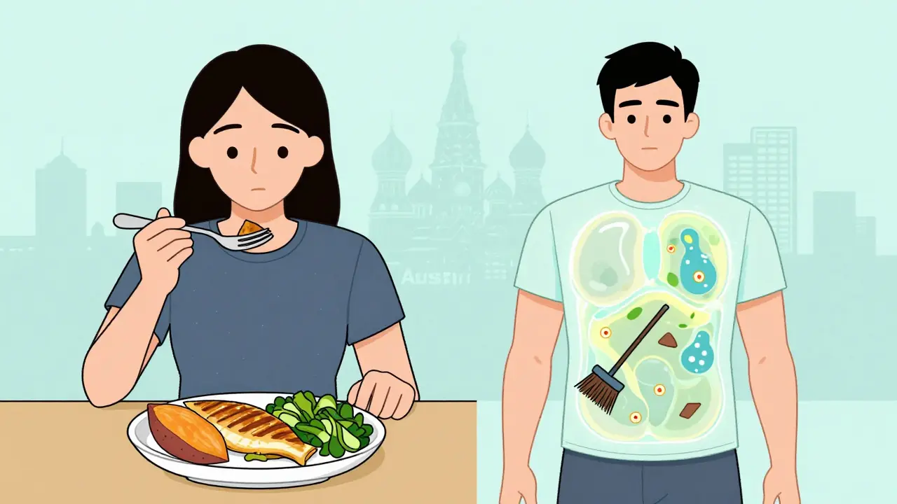 Разделённый персонаж: одна половина ест, другая — внутри тела идёт сжигание жира и очищение клеток.