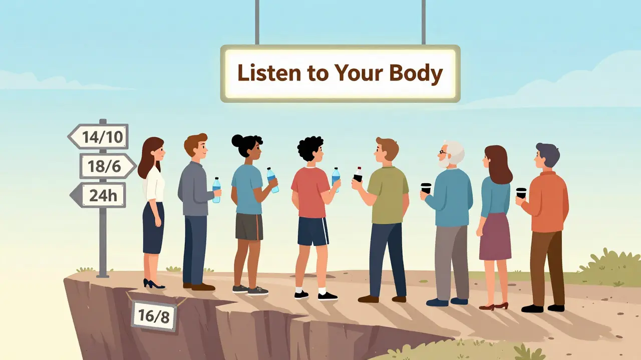 Разные люди с водой и кофе стоят у края пропасти с путями интервального голодания, надпись &#039;Слушай своё тело&#039;.